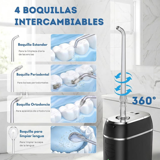 Irrigador Dental Portatil 140 Ml - Irrigador Dental Viaje IPX7 Con 3 Modos Y 4 Boquillas | Mini Irrigador Bucal Recargable Eliminador De Sarro, Limpiador De Dientes Y Encías Para Casa, Viajes (Negro)
