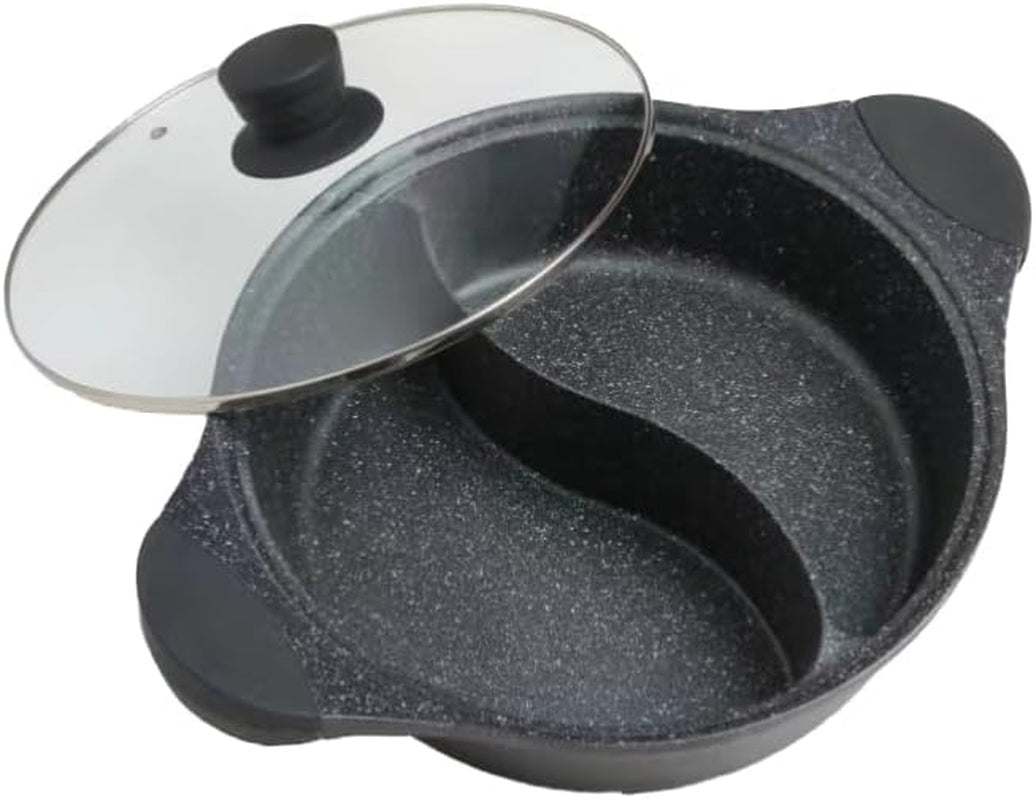 Kimbatex Cacerola Dividida Hot Pot 28 Cm, Aluminio Fundido Antiadherente, Con Tapa De Cristal, Apta Para Inducción Y Todo Tipo De Fuegos