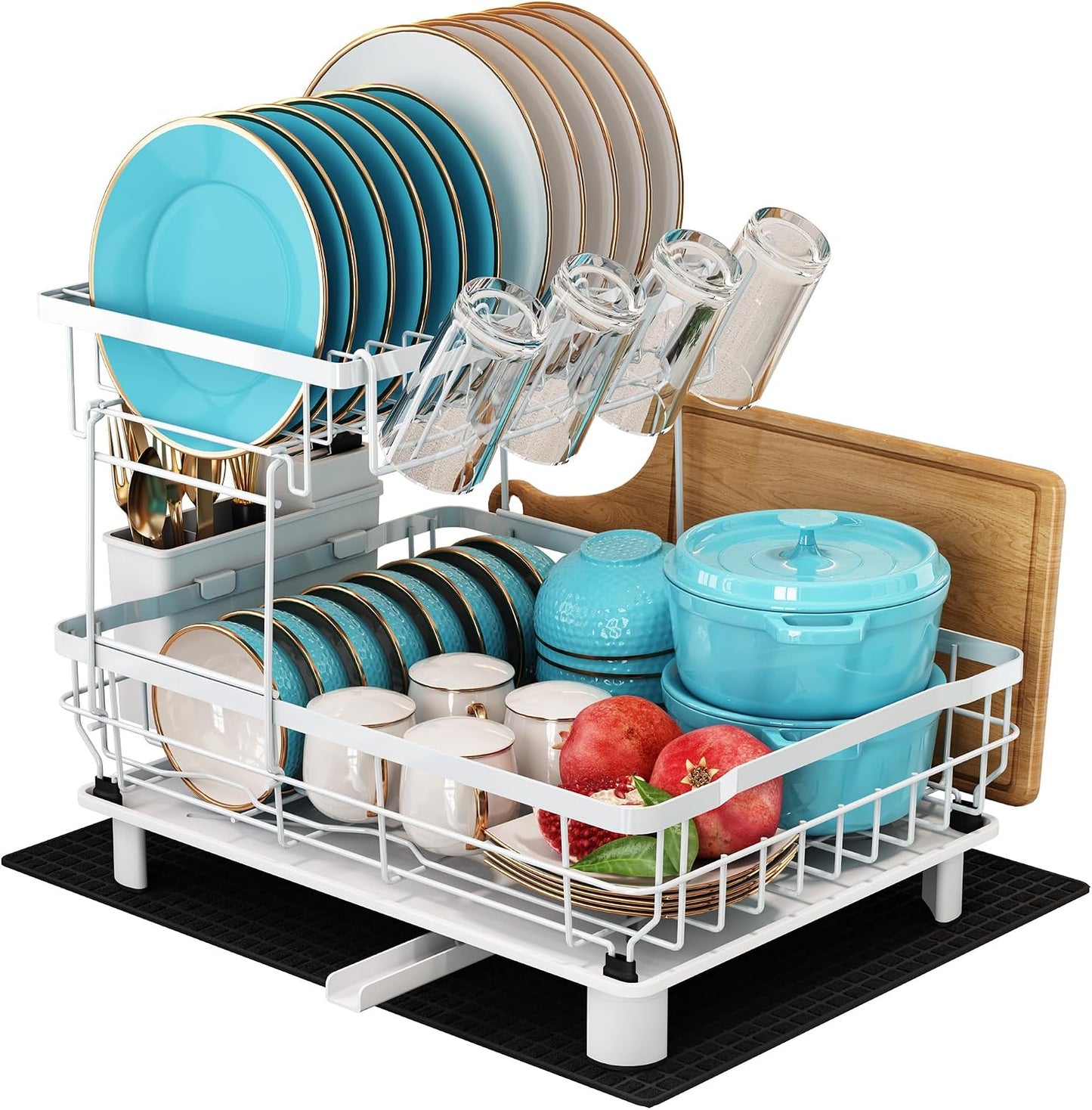 Majalis Escurreplatos Acero Inoxidable Con Drenaje, Escurridor De Platos Con Desagüe Automático De Cocina, Escurridor Platos Con Soporte Para Utensilios, Tabla De Cortar, Portavasos, 2 Niveles, Negro