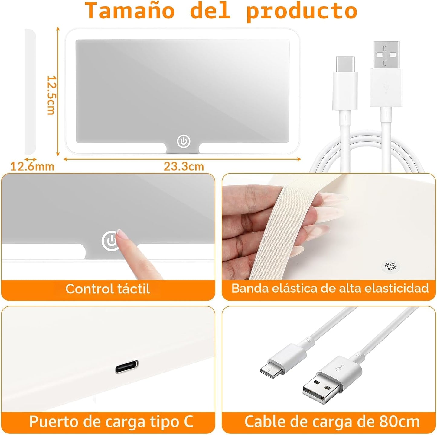 Espejo Coche Led,Espejo Parasol Coche,Recargable,Espejos Maquillaje Con 3 Modos De Luz Y Pantalla Táctil,Cosmético Sombreado,Para Todos Los Coches (Blanco)