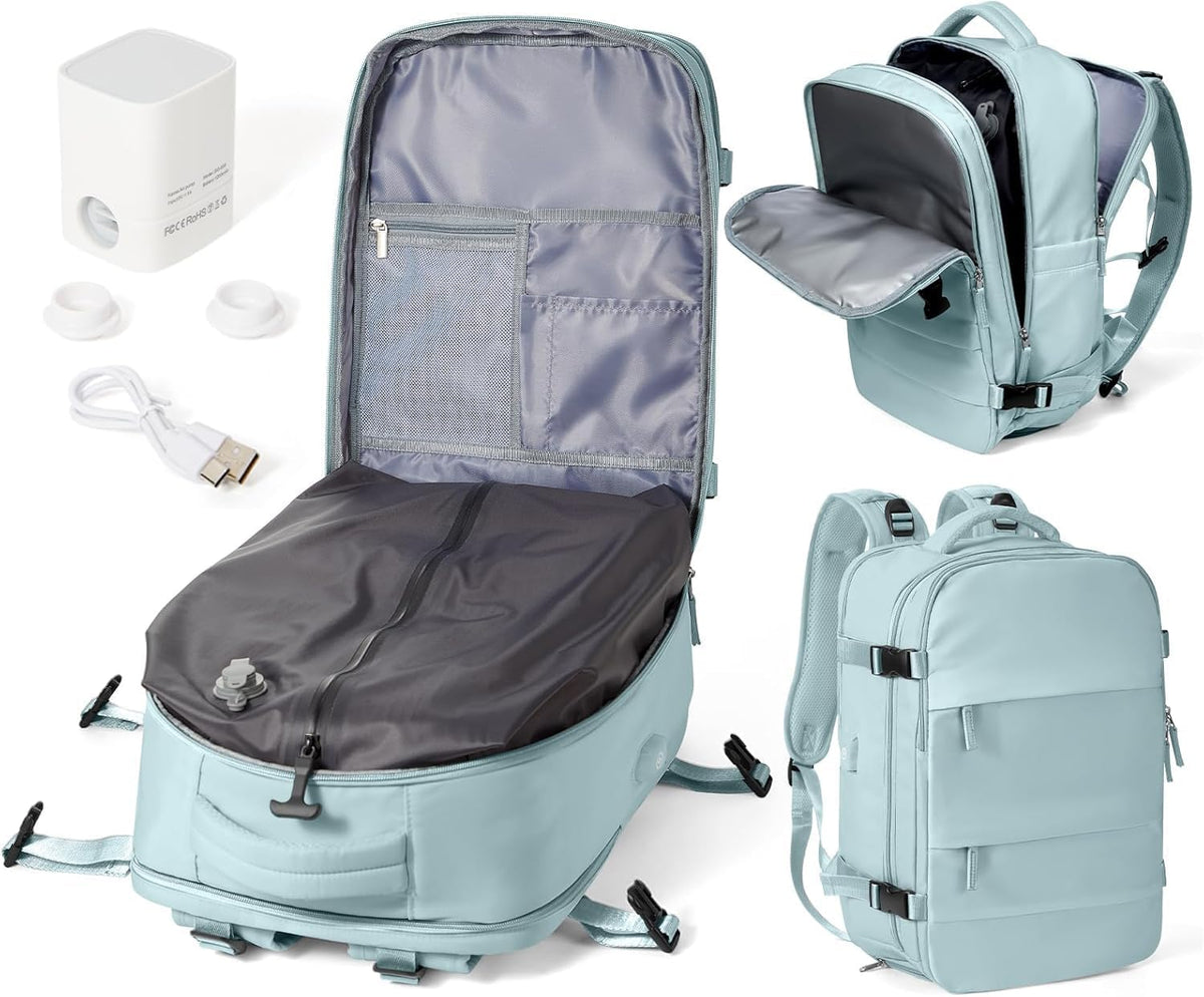 Mochila De Viaje Al Vacío Con Bomba, Impermeable Mochila De Compresión Al Vacío, Mochila Viaje Cabina 42X30X20 Ryanair Con Sistema De Compresión Hombre Y Mujer Azul Claro