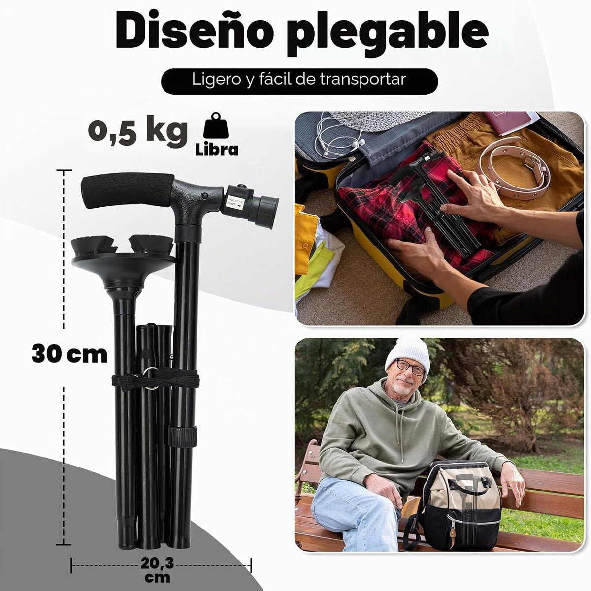 Bastón Plegable Con Luz LED, Ohuhu Bastones Para Mayores Hombr Ajustable En Altura Ligero Palo Plegable Bastón No Deslizamiento Con Mango En T Y Base Pivotante, Unisex Adulto