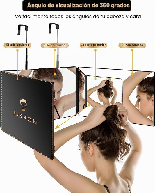 Espejo De Pared 360°, Triple Plegable, Con Corte Automático, Altura Regulable, Para Peluquería, Maquillaje, Afeitado Y Peinado, Sin Luz LED