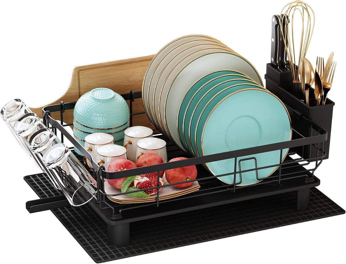 Majalis Escurreplatos Acero Inoxidable Con Drenaje, Escurridor De Platos Con Desagüe Automático De Cocina, Escurridor Platos Con Soporte Para Utensilios, Tabla De Cortar, Portavasos, 2 Niveles, Negro