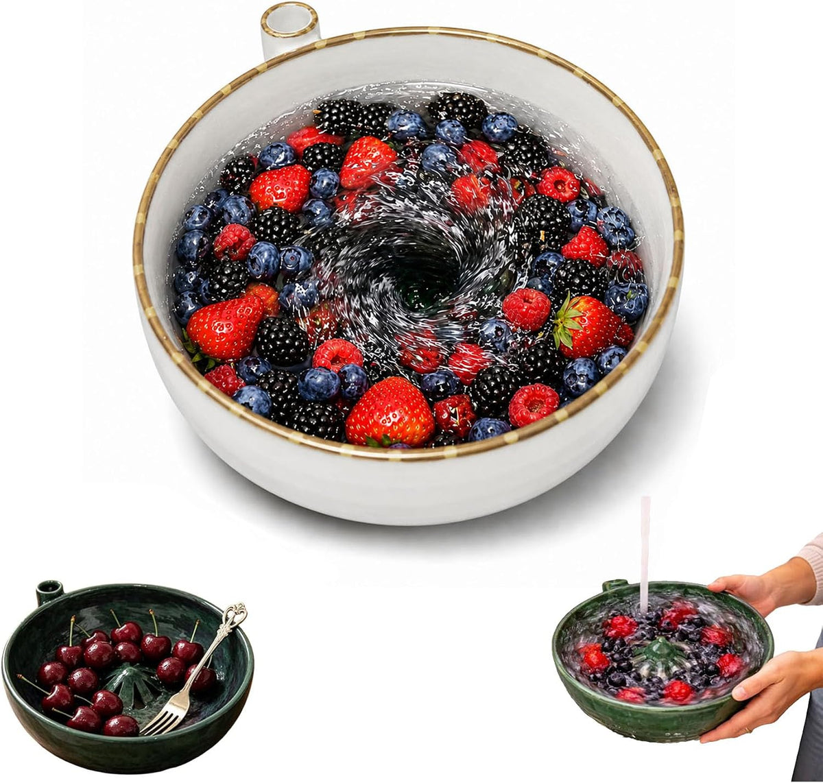 Self Spinning Berry Bowl with Drain Holes, Berry Washing Bowl and Fruit Washer Colander for Strawberries, Blueberries, Grapes, Cherry Tomatoes and Small Produce (White)