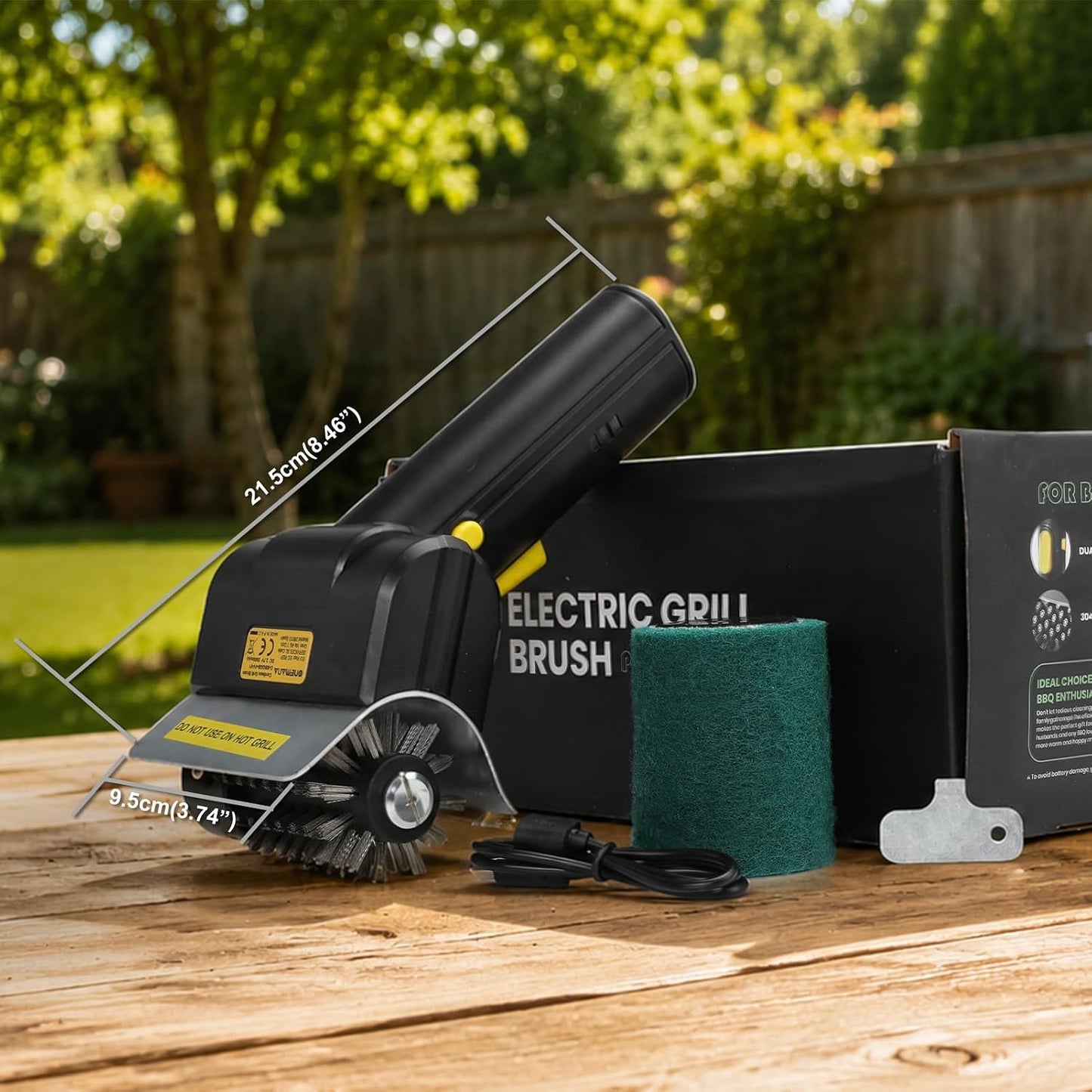 Cepillo BBQ Eléctrico, Cepillo Recargable Con Luz LED | Luz LED, 100+ Min De Uso, Cerdas Inox, 2 Almohadillas, Guantes, Llave, Para Barbacoas Exteriores