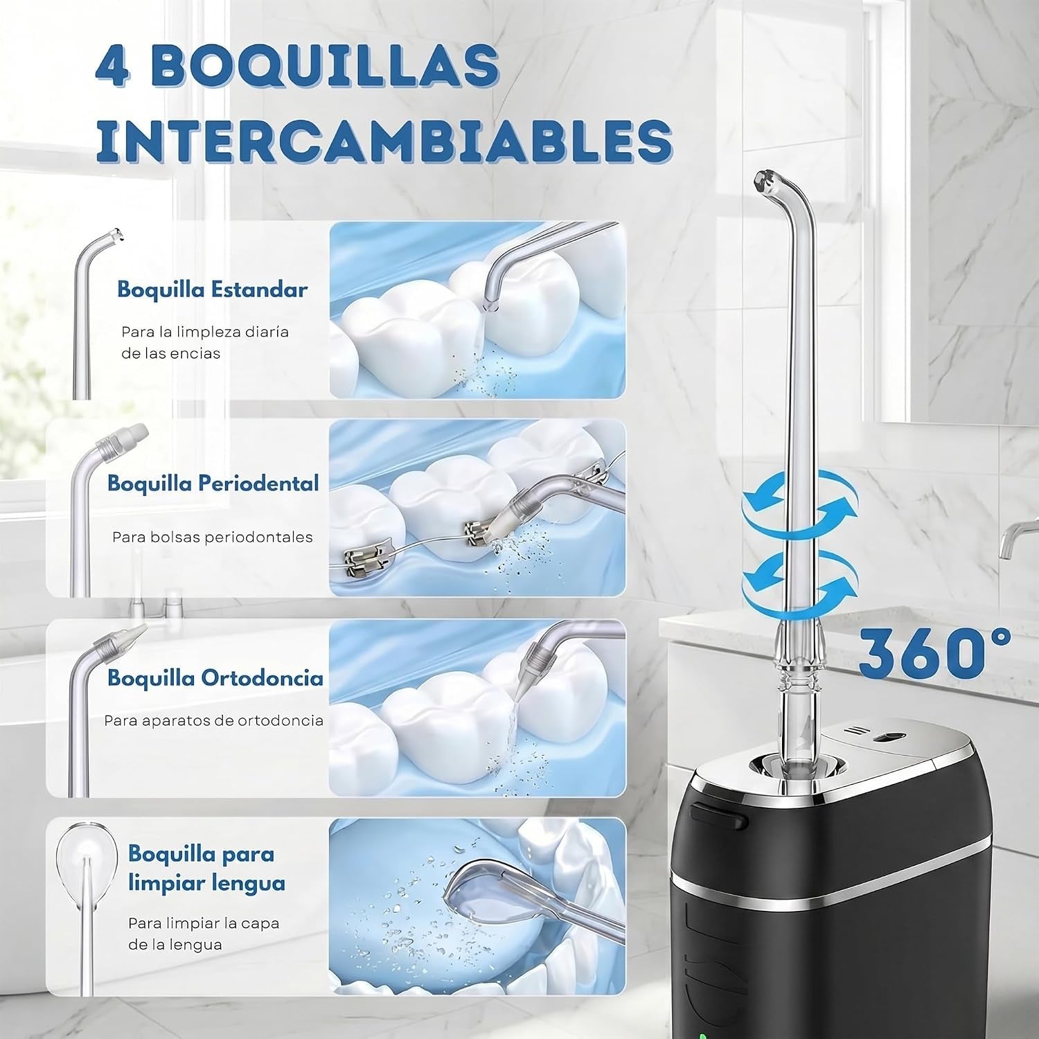Irrigador Dental Portatil 140 Ml - Irrigador Dental Viaje IPX7 Con 3 Modos Y 4 Boquillas | Mini Irrigador Bucal Recargable Eliminador De Sarro, Limpiador De Dientes Y Encías Para Casa, Viajes (Negro)