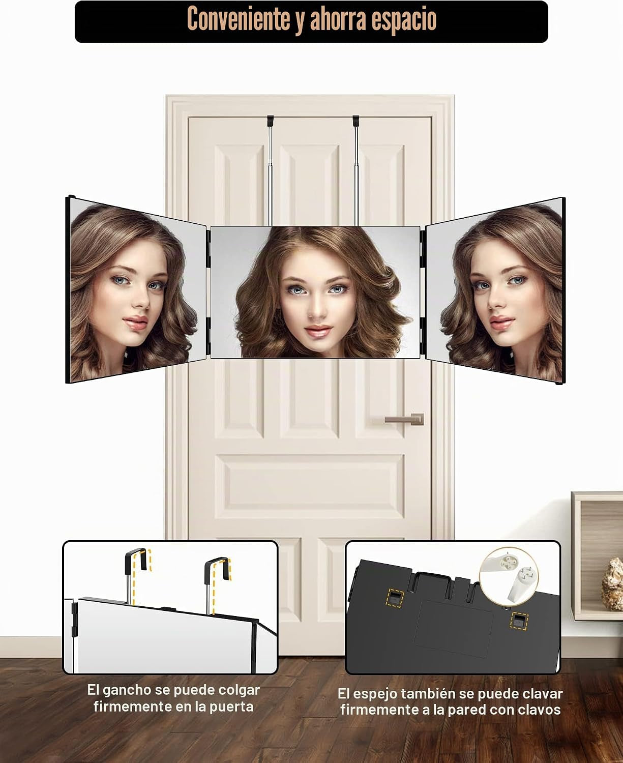 Espejo De Pared 360°, Triple Plegable, Con Corte Automático, Altura Regulable, Para Peluquería, Maquillaje, Afeitado Y Peinado, Sin Luz LED