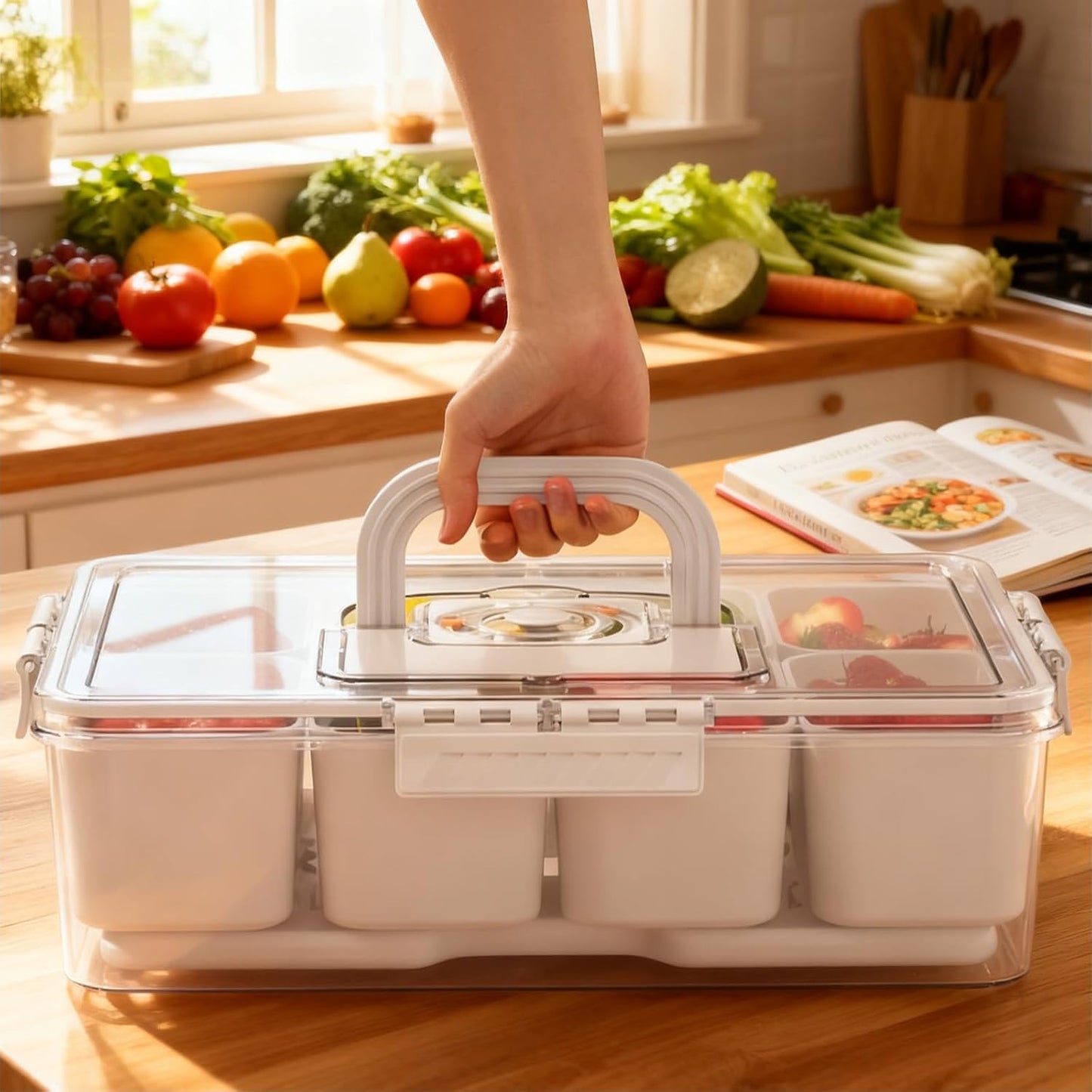 Nevera Portátil Con Asas Para Picnic, Viajes Y Fiestas Al Aire Libre, Con Compartimento Para Hielo Para Aperitivos Frescos, Frutas Y Verduras, Práctico Organizador Para Viajes