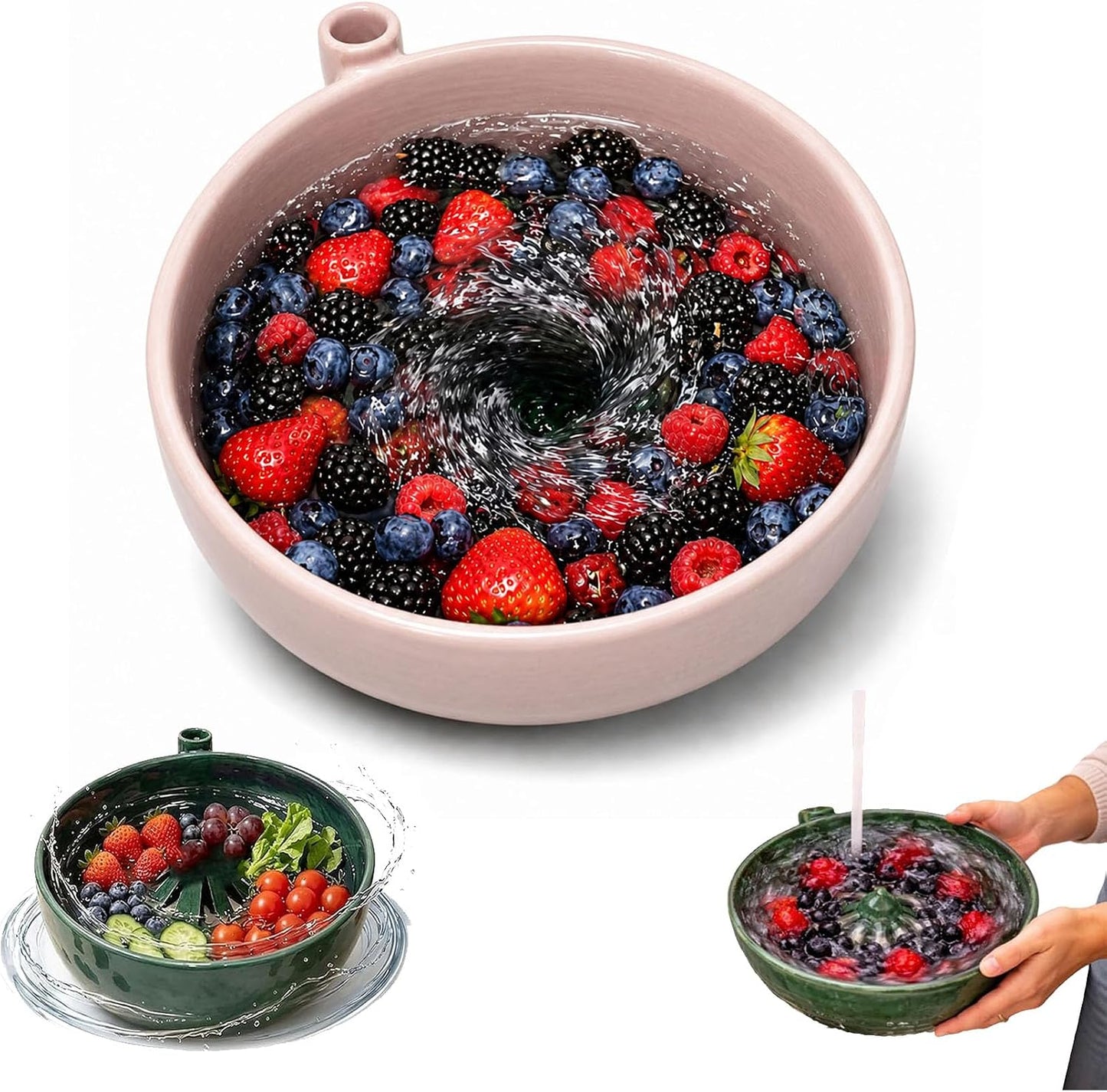 Self Spinning Berry Bowl with Drain Holes, Berry Washing Bowl and Fruit Washer Colander for Strawberries, Blueberries, Grapes, Cherry Tomatoes and Small Produce (White)