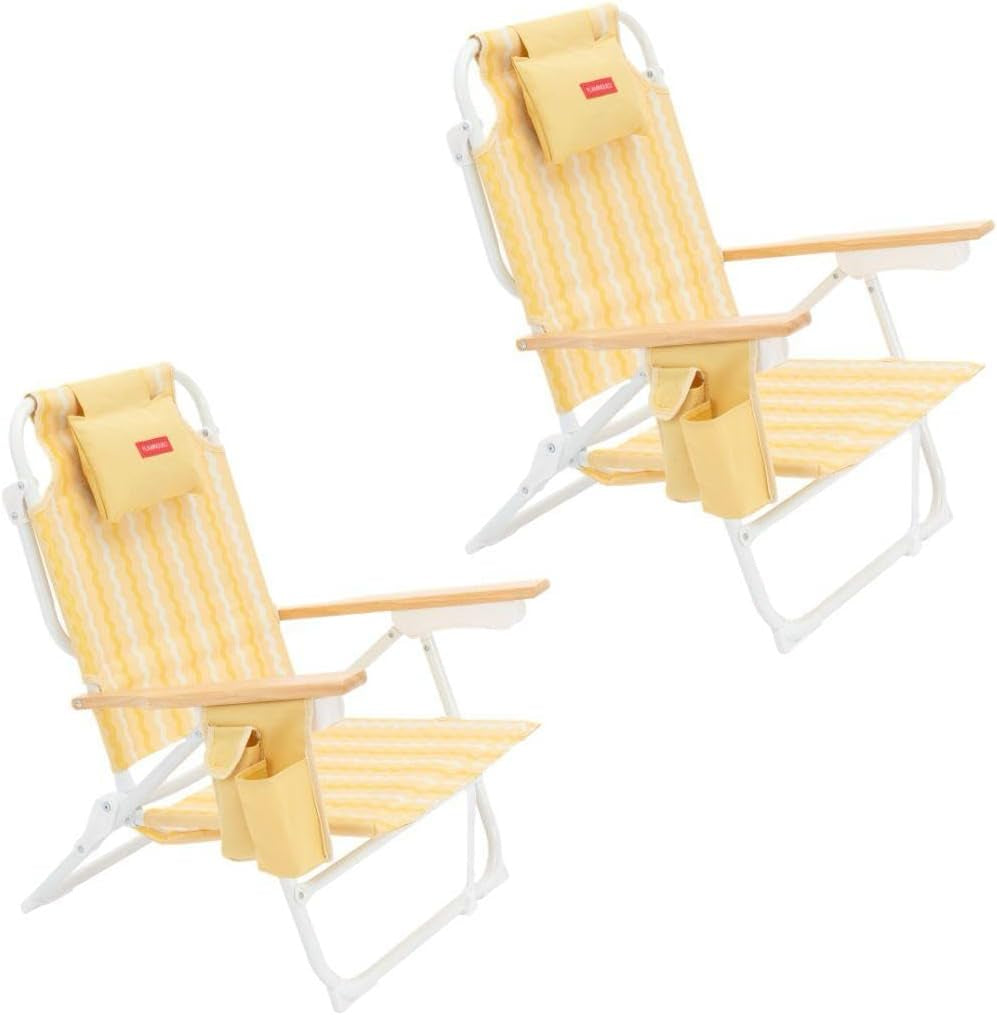 Flamingueo Silla Playa Plegable - Reclinable 5 Posiciones - Agujero Cabeza Y Brazos - Reposapiés 3 Posicones - Asas Mochila - Bolsillo Insulado Y Posavasos - Aluminio Y Poliéster - Amarillo