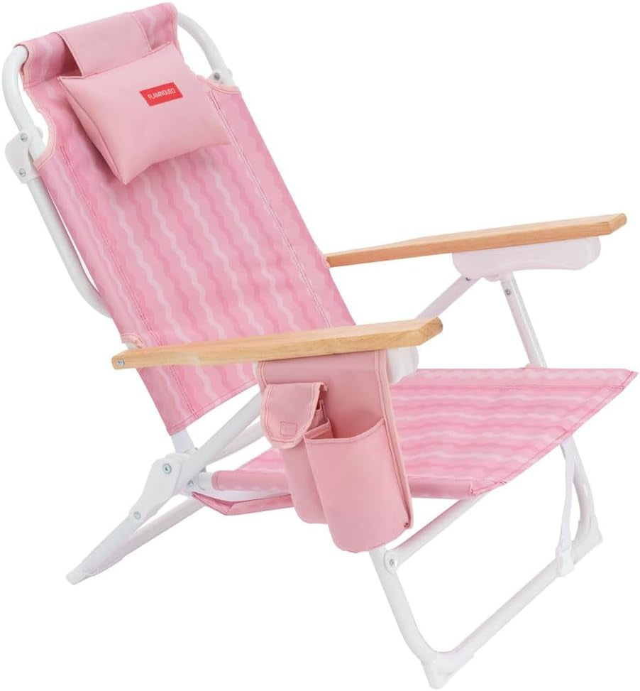 Flamingueo Silla Playa Plegable - Reclinable 5 Posiciones - Agujero Cabeza Y Brazos - Reposapiés 3 Posicones - Asas Mochila - Bolsillo Insulado Y Posavasos - Aluminio Y Poliéster - Amarillo