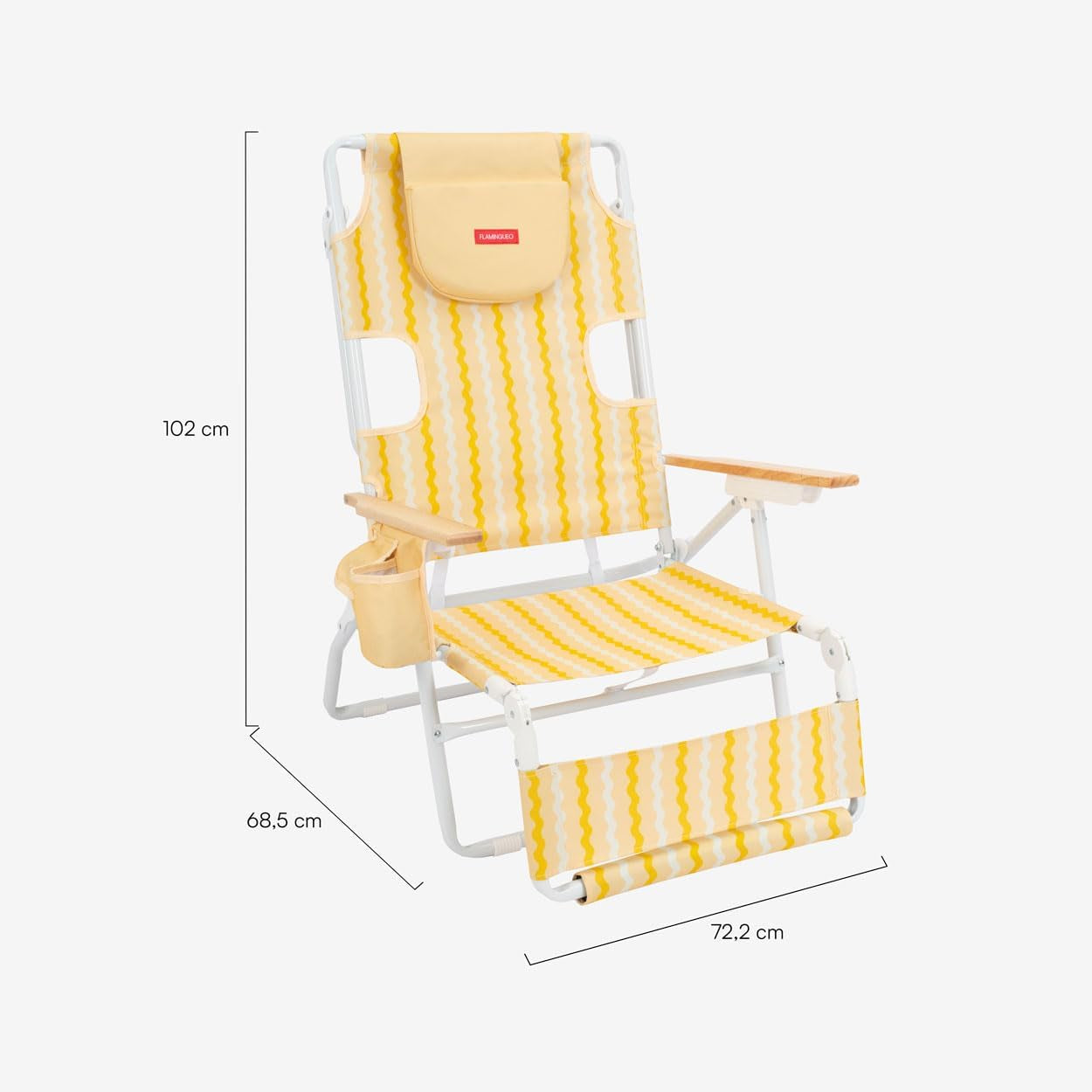 Flamingueo Silla Playa Plegable - Reclinable 5 Posiciones - Agujero Cabeza Y Brazos - Reposapiés 3 Posicones - Asas Mochila - Bolsillo Insulado Y Posavasos - Aluminio Y Poliéster - Amarillo