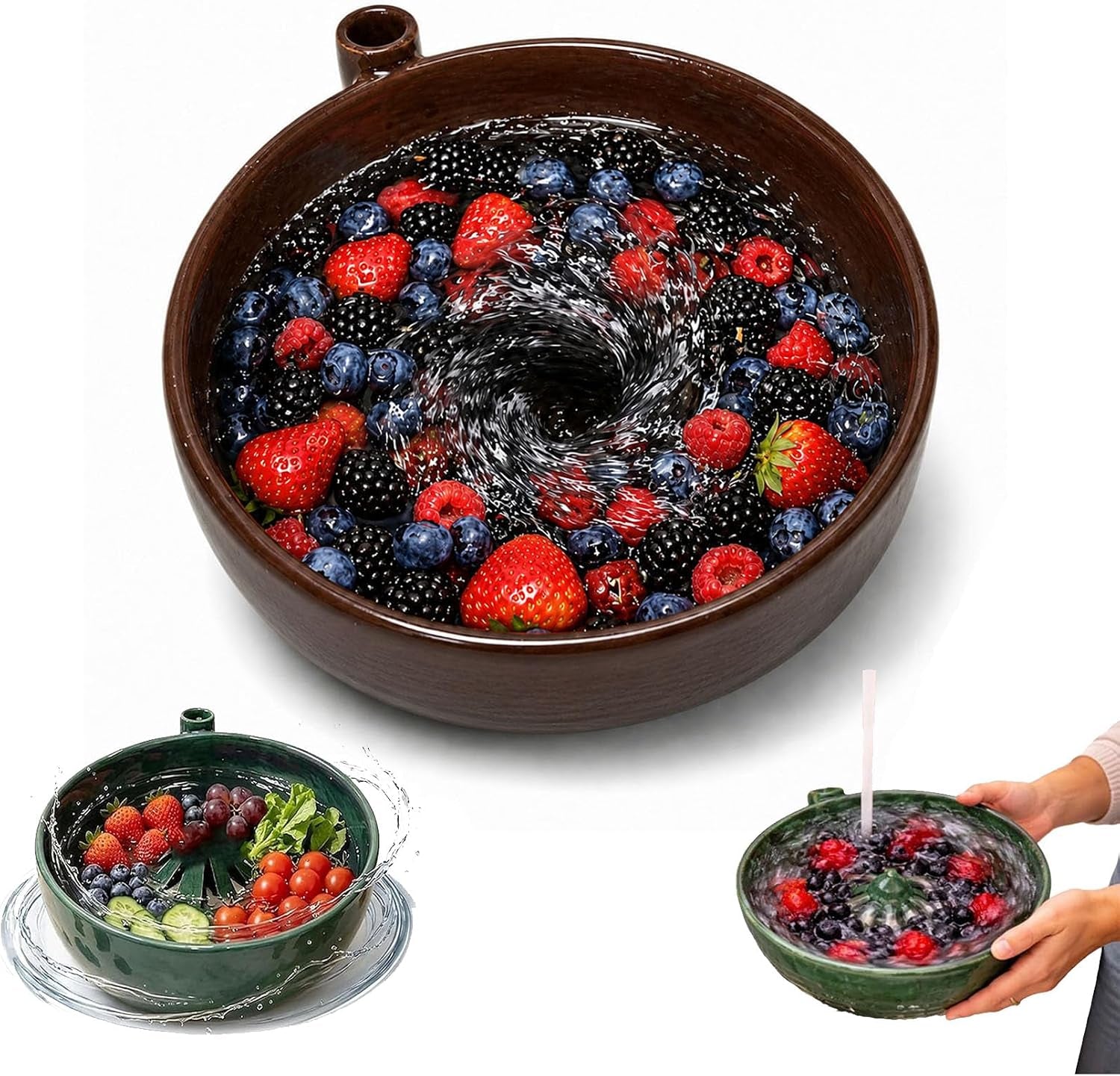 Self Spinning Berry Bowl with Drain Holes, Berry Washing Bowl and Fruit Washer Colander for Strawberries, Blueberries, Grapes, Cherry Tomatoes and Small Produce (White)