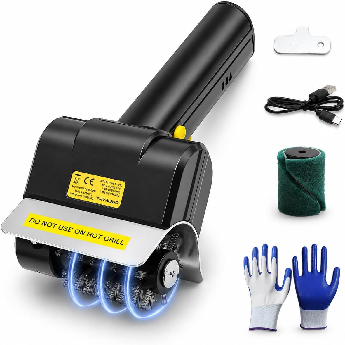 Cepillo BBQ Eléctrico, Cepillo Recargable Con Luz LED | Luz LED, 100+ Min De Uso, Cerdas Inox, 2 Almohadillas, Guantes, Llave, Para Barbacoas Exteriores
