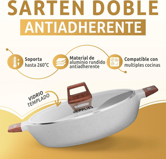 JUPPLIES - Cacerola De Cocina 18 Cm Con Separador Para Doble Cocinado - Sarten De Aluminio Fundido Y Antiadherente Con Tapa De Cristal - Para Todo Tipo De Cocinas - Inducción Y Vitroceramica