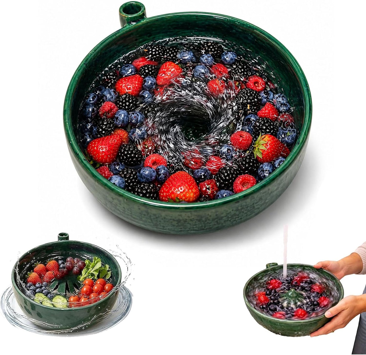 Self Spinning Berry Bowl with Drain Holes, Berry Washing Bowl and Fruit Washer Colander for Strawberries, Blueberries, Grapes, Cherry Tomatoes and Small Produce (White)
