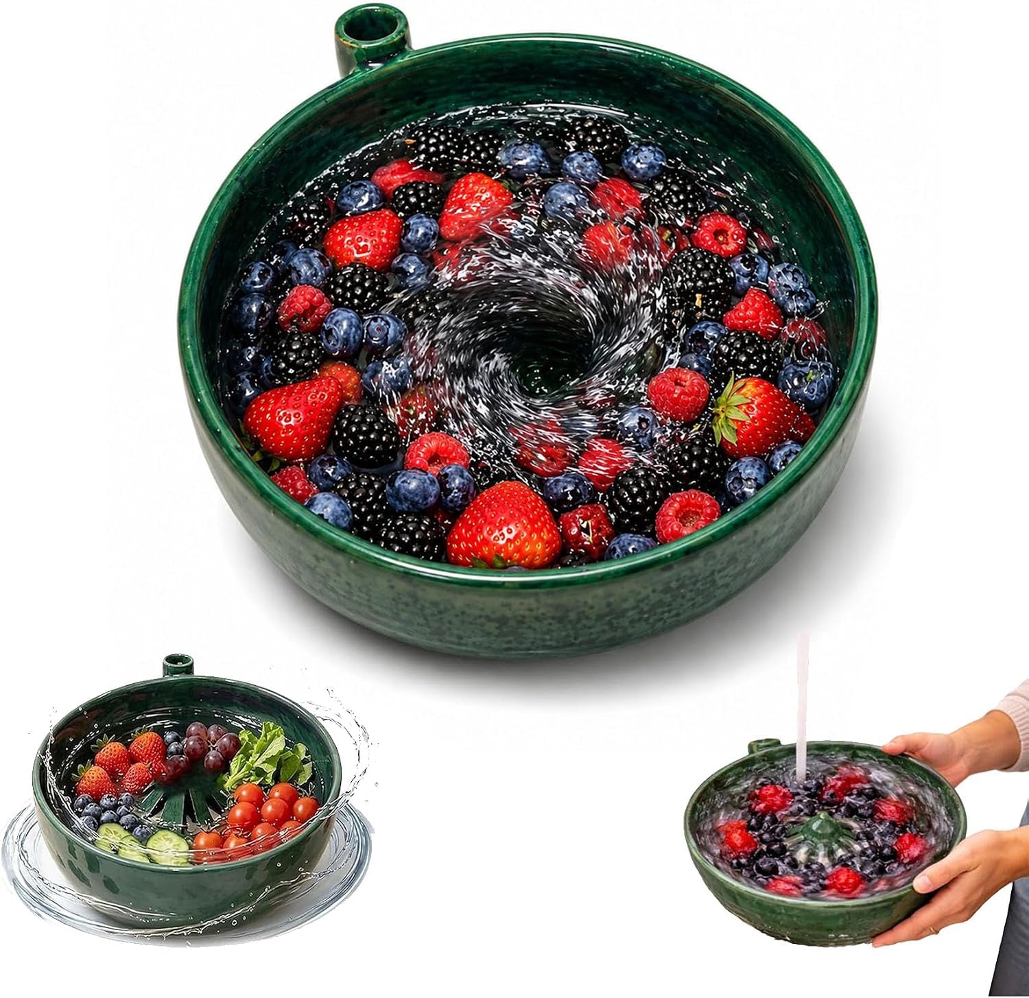 Self Spinning Berry Bowl with Drain Holes, Berry Washing Bowl and Fruit Washer Colander for Strawberries, Blueberries, Grapes, Cherry Tomatoes and Small Produce (White)