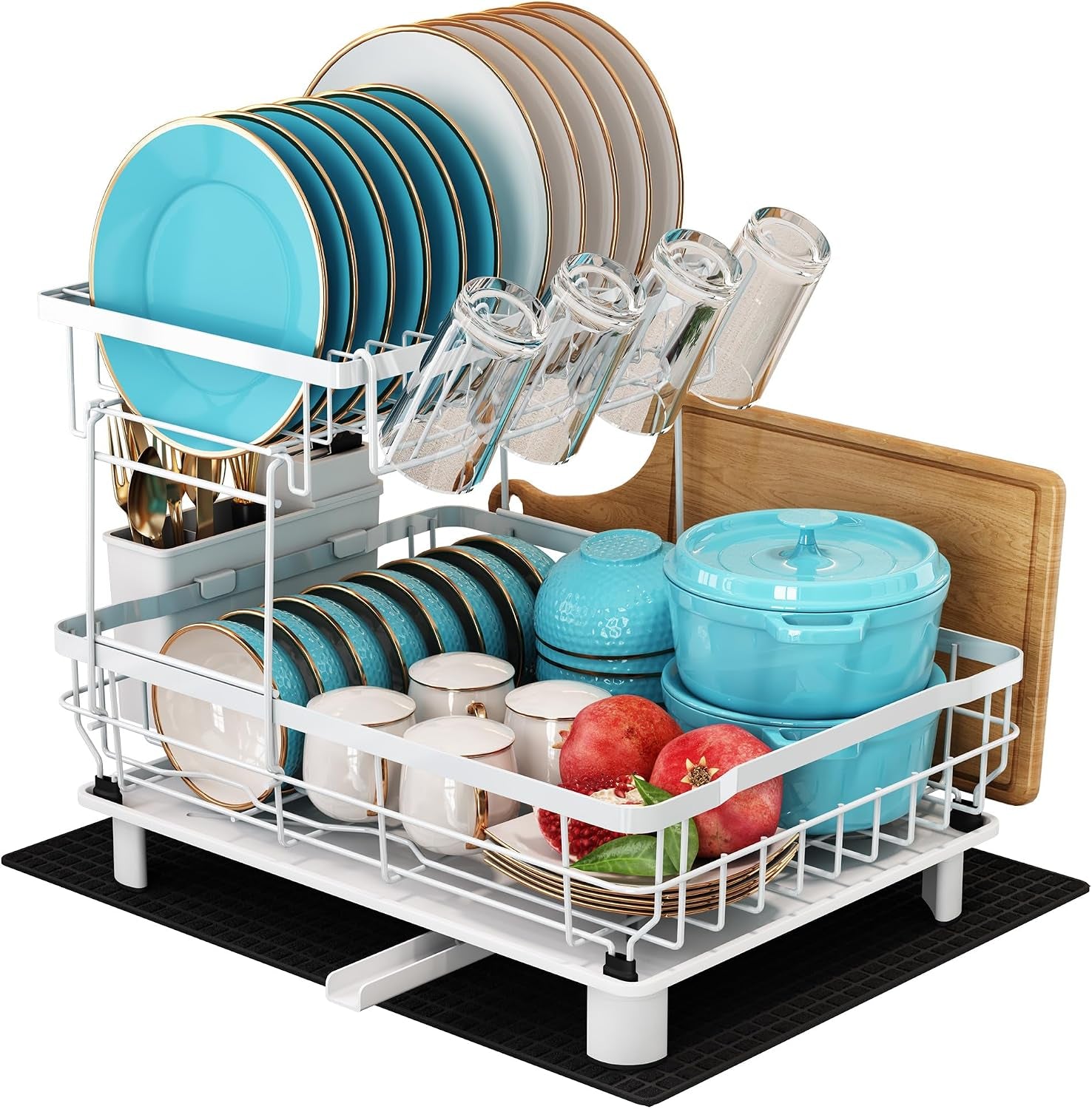 Majalis Escurreplatos Acero Inoxidable Con Drenaje, Escurridor De Platos Con Desagüe Automático De Cocina, Escurridor Platos Con Soporte Para Utensilios, Tabla De Cortar, Portavasos, 2 Niveles, Negro