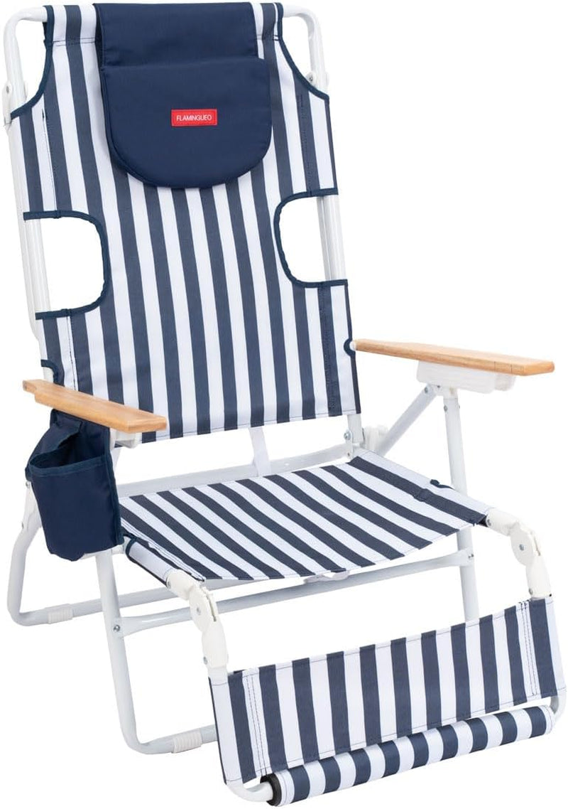 Flamingueo Silla Playa Plegable - Reclinable 5 Posiciones - Agujero Cabeza Y Brazos - Reposapiés 3 Posicones - Asas Mochila - Bolsillo Insulado Y Posavasos - Aluminio Y Poliéster - Amarillo