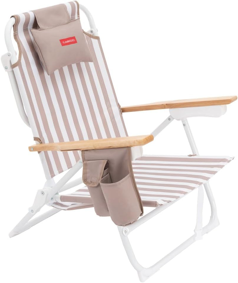 Flamingueo Silla Playa Plegable - Reclinable 5 Posiciones - Agujero Cabeza Y Brazos - Reposapiés 3 Posicones - Asas Mochila - Bolsillo Insulado Y Posavasos - Aluminio Y Poliéster - Amarillo