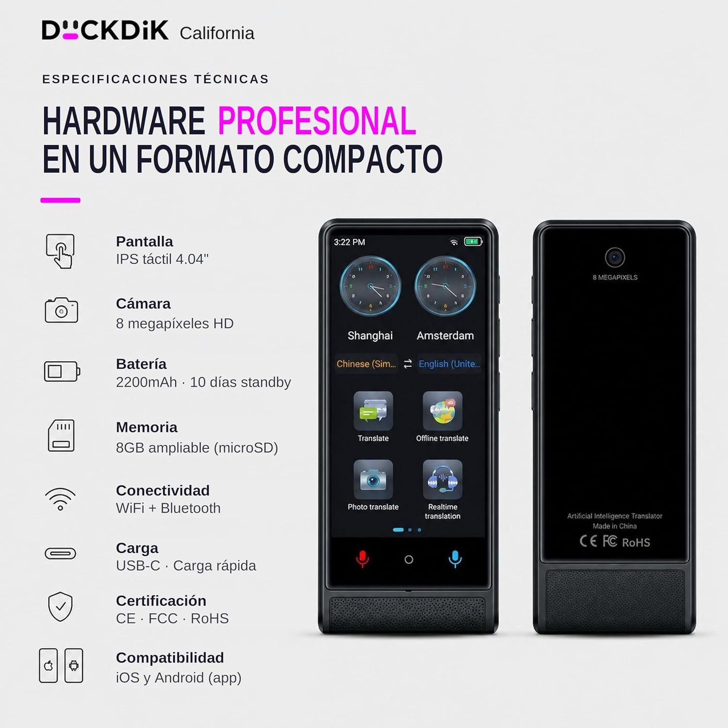 California, Traductor De Idiomas Instantáneo De Voz 2026, Sin Wifi Sin Datos, Pantalla Táctil 4 Pulgadas, Aleación De Aluminio, 142 Idiomas Online 22 Offline, Traductor Con IA