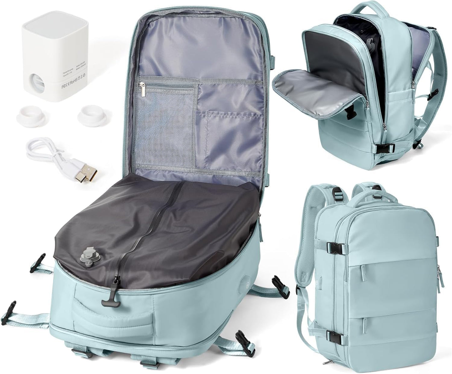 Mochila De Viaje Al Vacío Con Bomba, Impermeable Mochila De Compresión Al Vacío, Mochila Viaje Cabina 42X30X20 Ryanair Con Sistema De Compresión Hombre Y Mujer Azul Claro