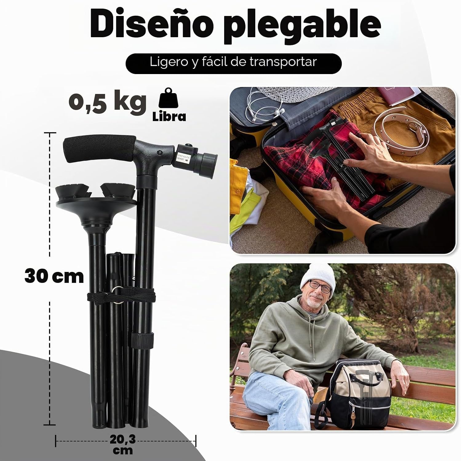 Bastón Plegable Con Luz LED, Ohuhu Bastones Para Mayores Hombr Ajustable En Altura Ligero Palo Plegable Bastón No Deslizamiento Con Mango En T Y Base Pivotante, Unisex Adulto