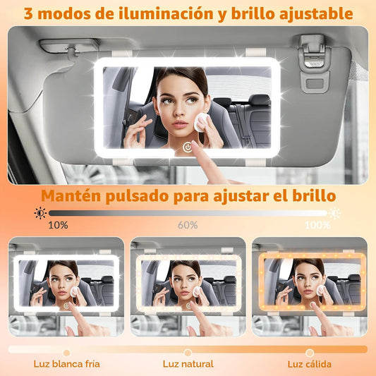 Espejo Coche Led,Espejo Parasol Coche,Recargable,Espejos Maquillaje Con 3 Modos De Luz Y Pantalla Táctil,Cosmético Sombreado,Para Todos Los Coches (Blanco)