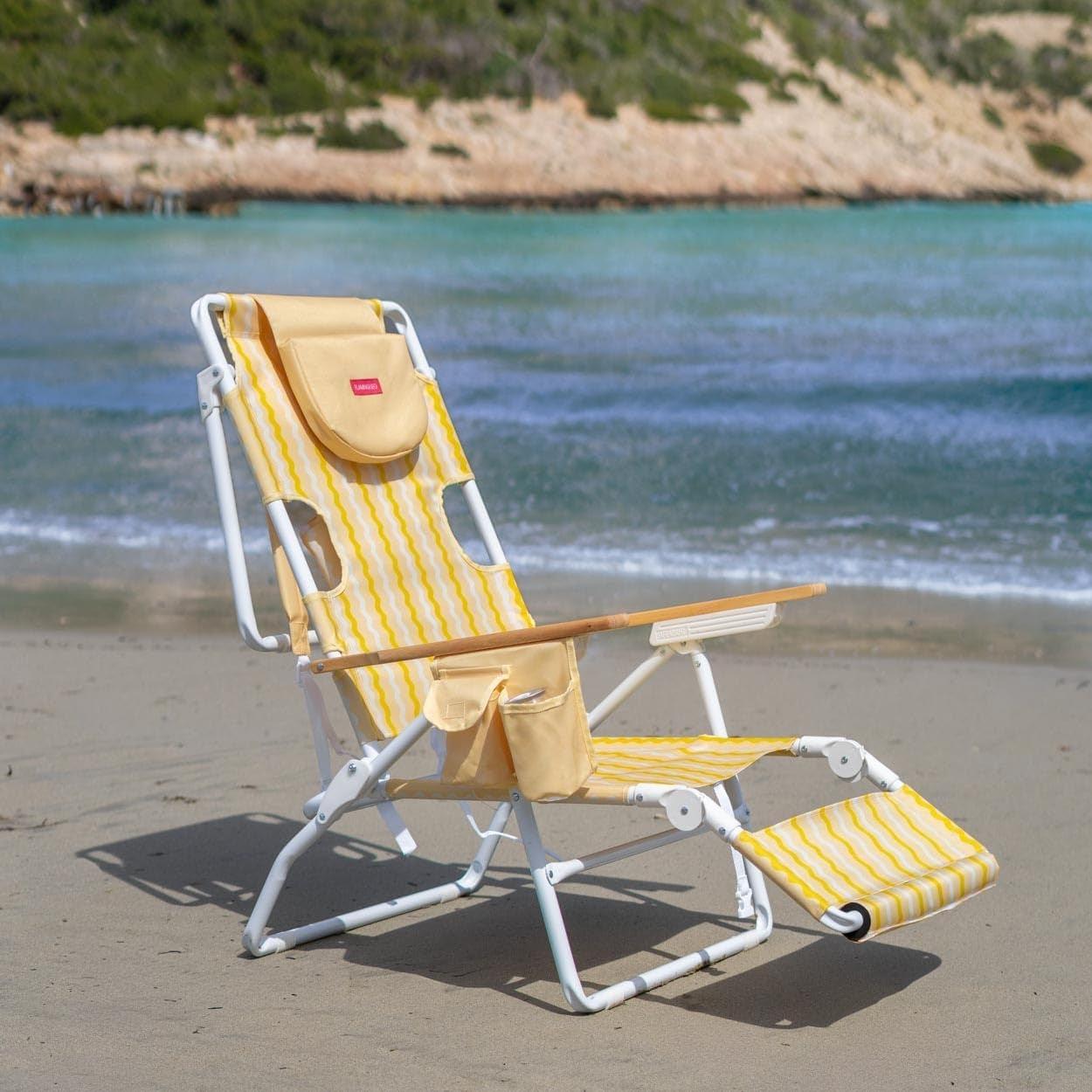 Flamingueo Silla Playa Plegable - Reclinable 5 Posiciones - Agujero Cabeza Y Brazos - Reposapiés 3 Posicones - Asas Mochila - Bolsillo Insulado Y Posavasos - Aluminio Y Poliéster - Amarillo