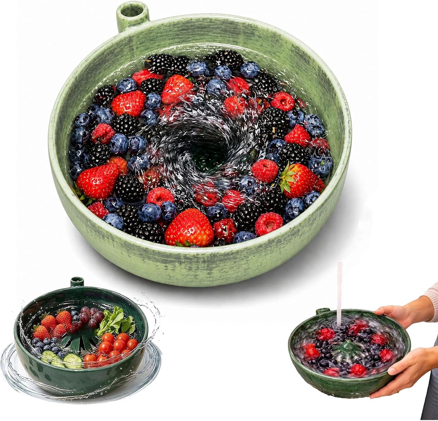 Self Spinning Berry Bowl with Drain Holes, Berry Washing Bowl and Fruit Washer Colander for Strawberries, Blueberries, Grapes, Cherry Tomatoes and Small Produce (White)