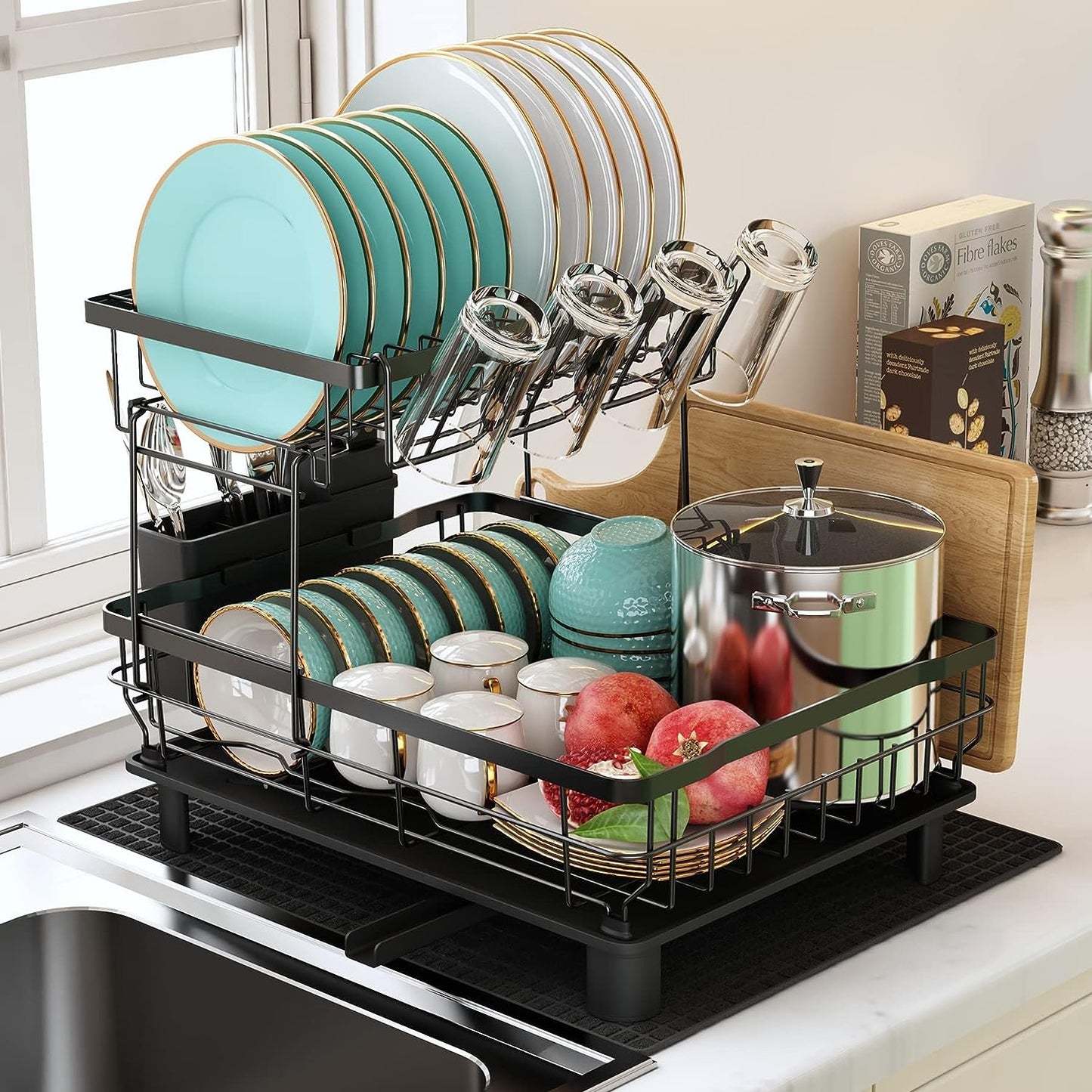 Majalis Escurreplatos Acero Inoxidable Con Drenaje, Escurridor De Platos Con Desagüe Automático De Cocina, Escurridor Platos Con Soporte Para Utensilios, Tabla De Cortar, Portavasos, 2 Niveles, Negro