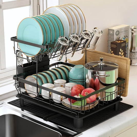 Majalis Escurreplatos Acero Inoxidable Con Drenaje, Escurridor De Platos Con Desagüe Automático De Cocina, Escurridor Platos Con Soporte Para Utensilios, Tabla De Cortar, Portavasos, 2 Niveles, Negro