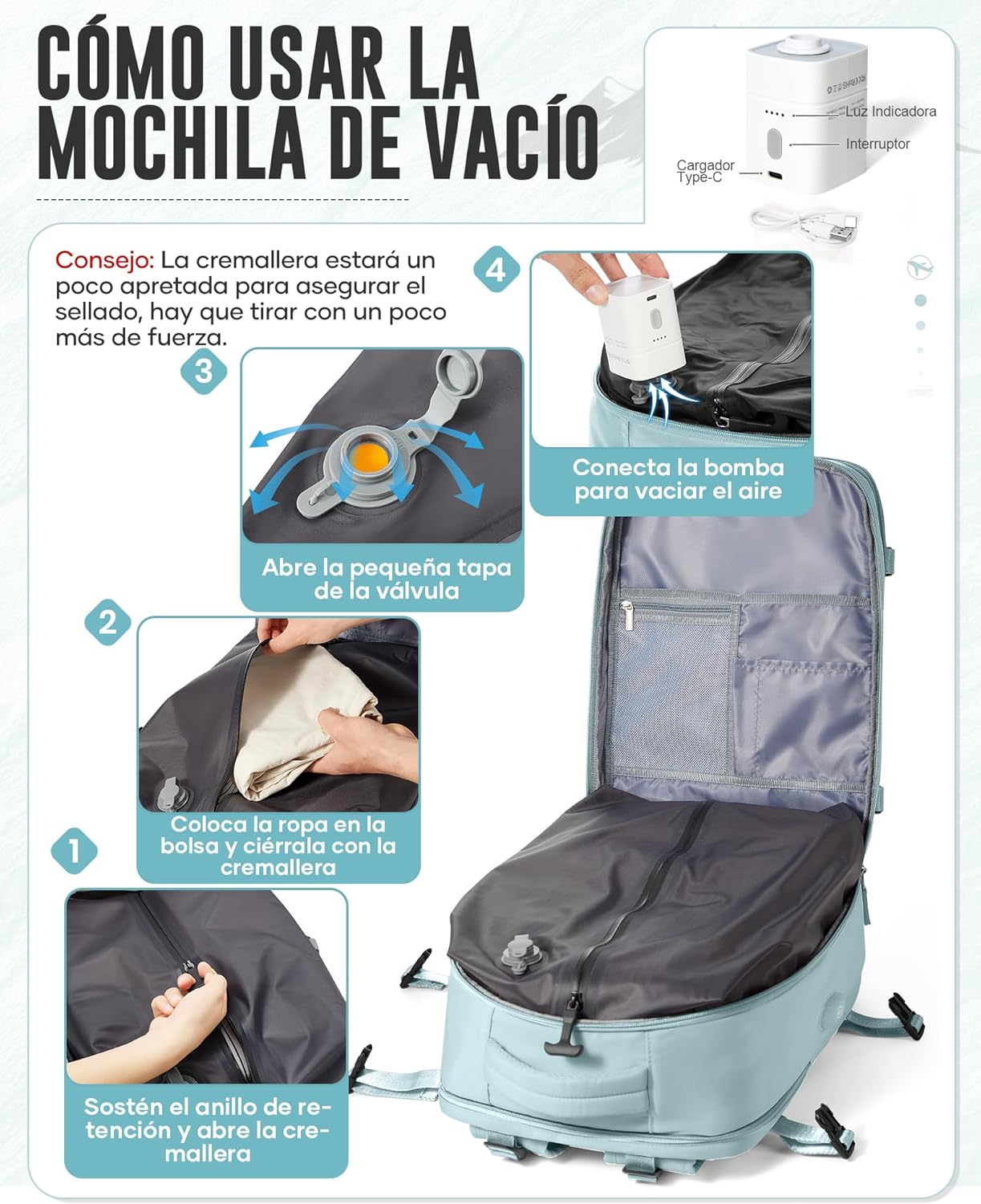 Mochila De Viaje Al Vacío Con Bomba, Impermeable Mochila De Compresión Al Vacío, Mochila Viaje Cabina 42X30X20 Ryanair Con Sistema De Compresión Hombre Y Mujer Azul Claro