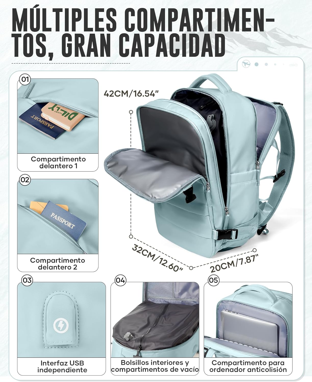 Mochila De Viaje Al Vacío Con Bomba, Impermeable Mochila De Compresión Al Vacío, Mochila Viaje Cabina 42X30X20 Ryanair Con Sistema De Compresión Hombre Y Mujer Azul Claro