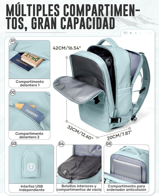 Mochila De Viaje Al Vacío Con Bomba, Impermeable Mochila De Compresión Al Vacío, Mochila Viaje Cabina 42X30X20 Ryanair Con Sistema De Compresión Hombre Y Mujer Azul Claro