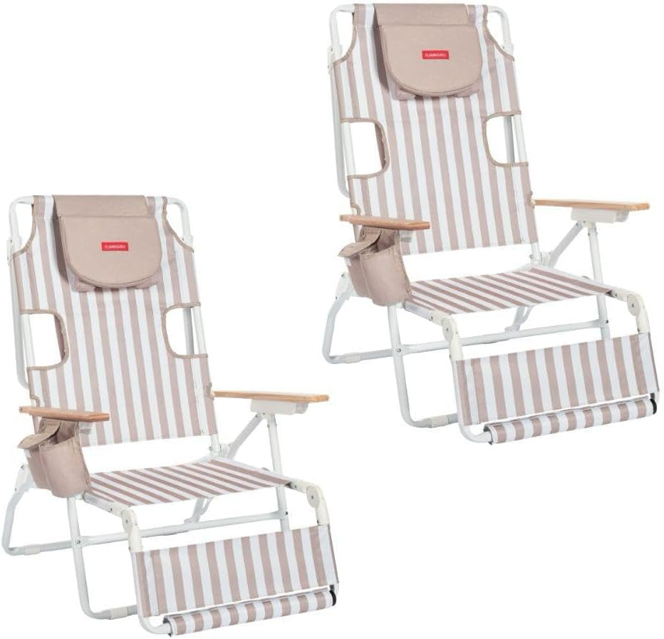 Flamingueo Silla Playa Plegable - Reclinable 5 Posiciones - Agujero Cabeza Y Brazos - Reposapiés 3 Posicones - Asas Mochila - Bolsillo Insulado Y Posavasos - Aluminio Y Poliéster - Amarillo