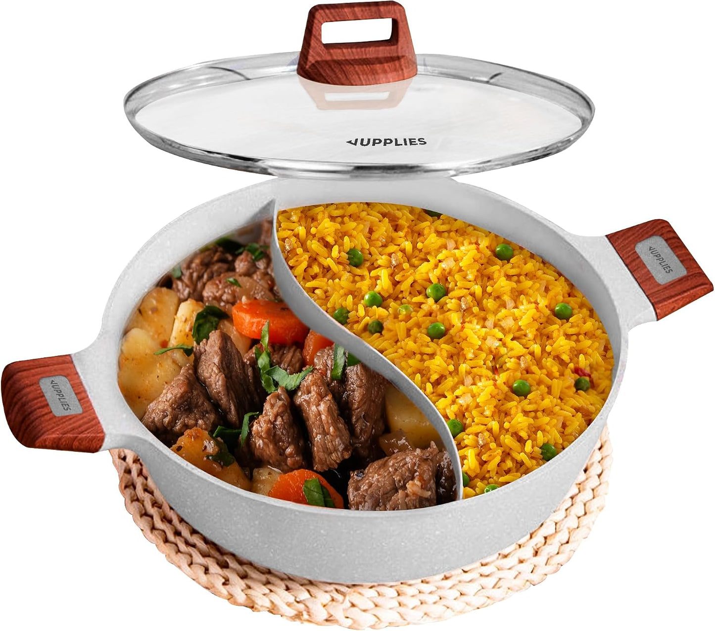 JUPPLIES - Cacerola De Cocina 18 Cm Con Separador Para Doble Cocinado - Sarten De Aluminio Fundido Y Antiadherente Con Tapa De Cristal - Para Todo Tipo De Cocinas - Inducción Y Vitroceramica