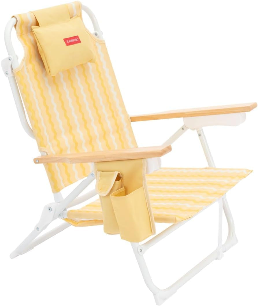 Flamingueo Silla Playa Plegable - Reclinable 5 Posiciones - Agujero Cabeza Y Brazos - Reposapiés 3 Posicones - Asas Mochila - Bolsillo Insulado Y Posavasos - Aluminio Y Poliéster - Amarillo