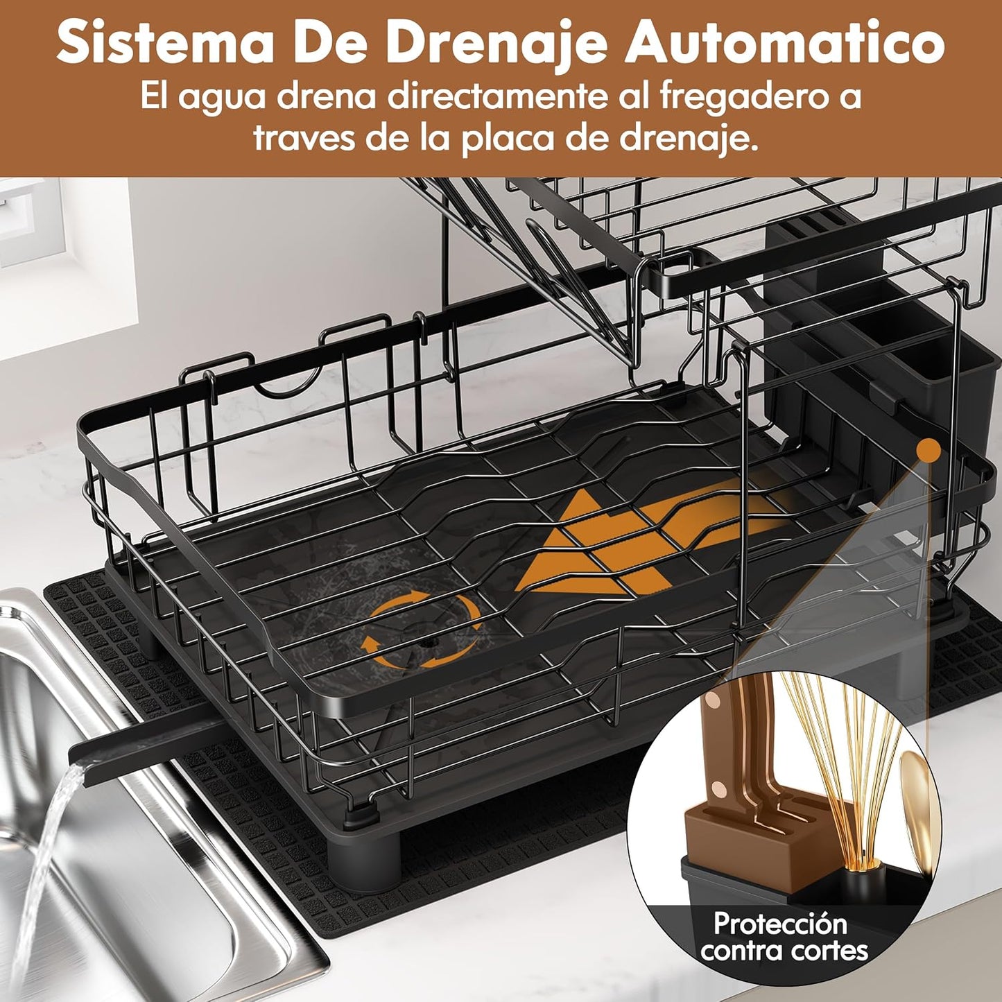 Majalis Escurreplatos Acero Inoxidable Con Drenaje, Escurridor De Platos Con Desagüe Automático De Cocina, Escurridor Platos Con Soporte Para Utensilios, Tabla De Cortar, Portavasos, 2 Niveles, Negro