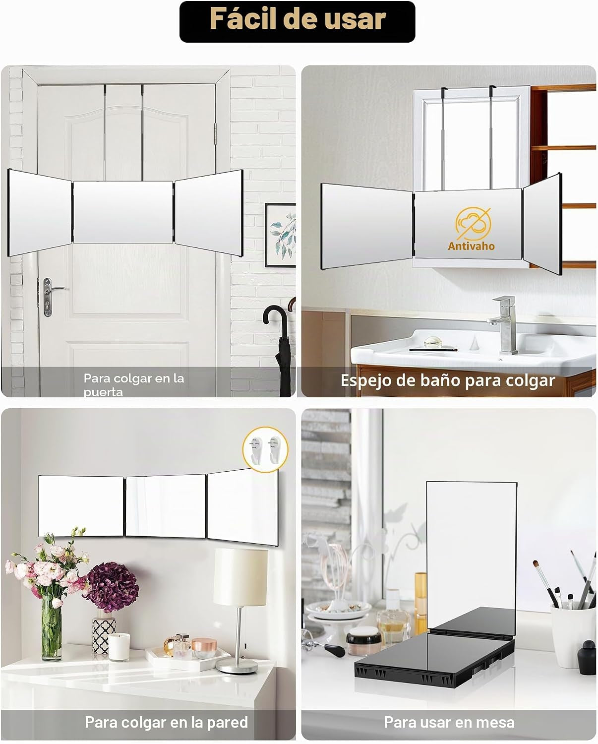 Espejo De Pared 360°, Triple Plegable, Con Corte Automático, Altura Regulable, Para Peluquería, Maquillaje, Afeitado Y Peinado, Sin Luz LED