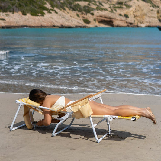Flamingueo Silla Playa Plegable - Reclinable 5 Posiciones - Agujero Cabeza Y Brazos - Reposapiés 3 Posicones - Asas Mochila - Bolsillo Insulado Y Posavasos - Aluminio Y Poliéster - Amarillo