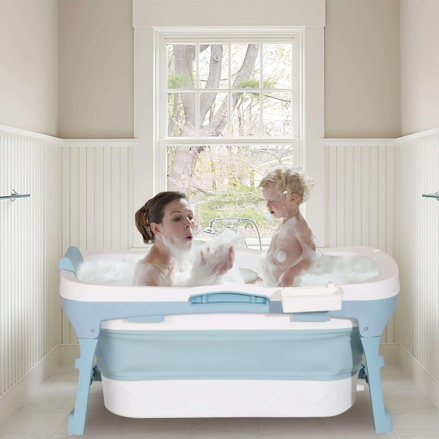 Bañera Plegable Para Adultos, 118 X 60 X 50 Cm, Bañera Móvil Plegable Portátil Con Cubierta Y Cesta De Jabón, Para Baño Y Ducha - Azul