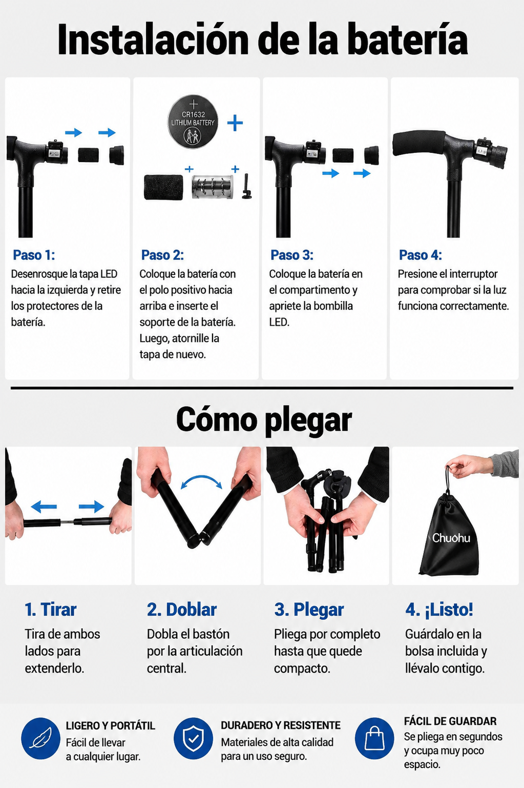 Bastón Plegable Con Luz LED
