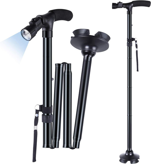 Bastón Plegable Con Luz LED, Ohuhu Bastones Para Mayores Hombr Ajustable En Altura Ligero Palo Plegable Bastón No Deslizamiento Con Mango En T Y Base Pivotante, Unisex Adulto