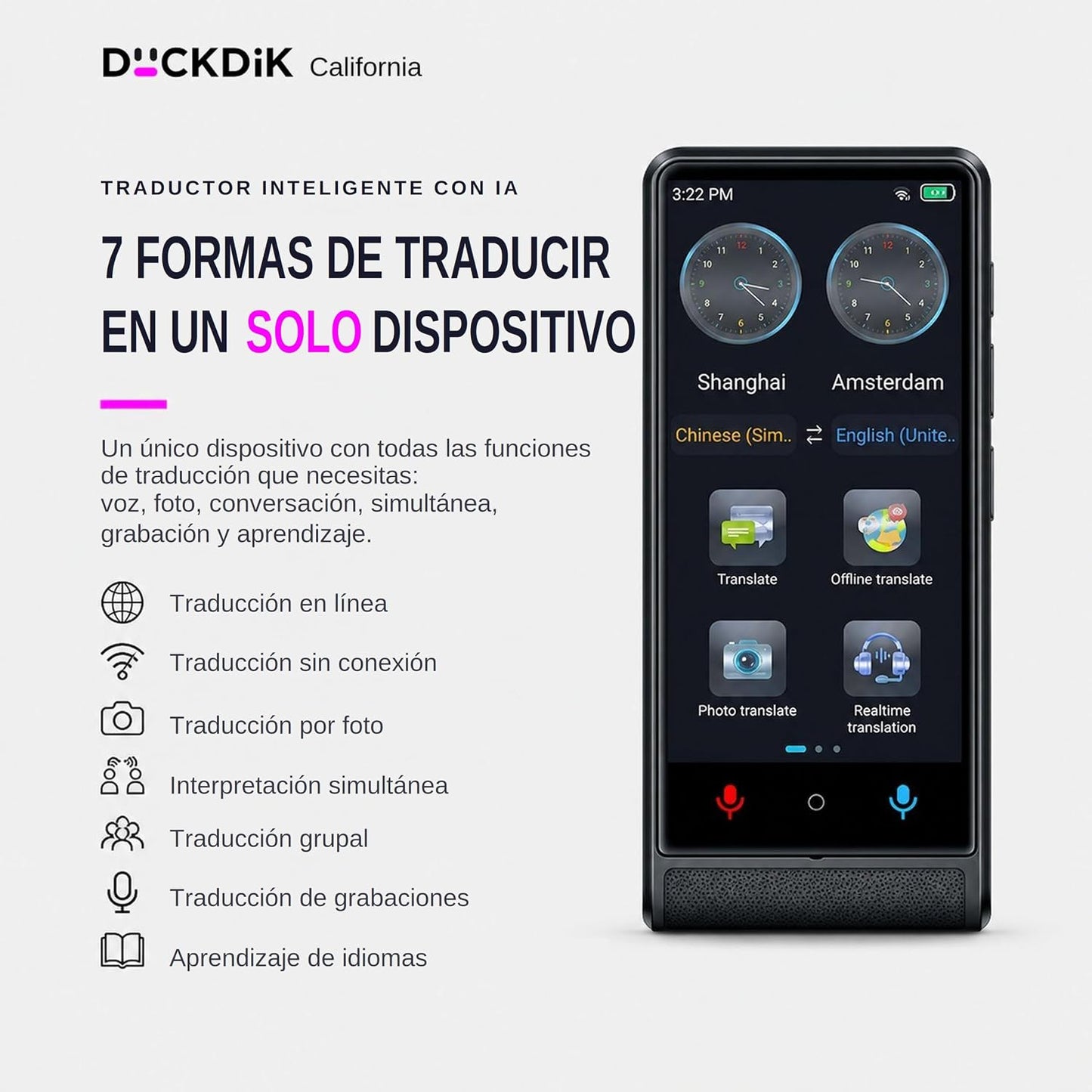 California, Traductor De Idiomas Instantáneo De Voz 2026, Sin Wifi Sin Datos, Pantalla Táctil 4 Pulgadas, Aleación De Aluminio, 142 Idiomas Online 22 Offline, Traductor Con IA