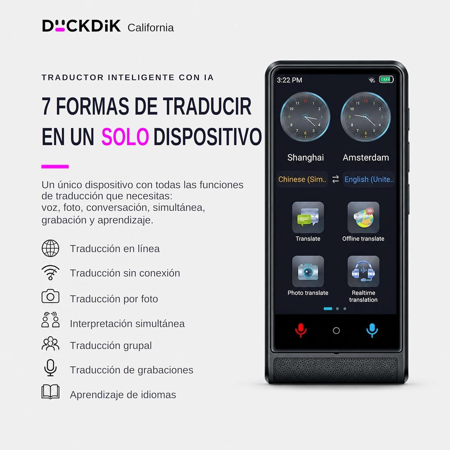 California, Traductor De Idiomas Instantáneo De Voz 2026, Sin Wifi Sin Datos, Pantalla Táctil 4 Pulgadas, Aleación De Aluminio, 142 Idiomas Online 22 Offline, Traductor Con IA