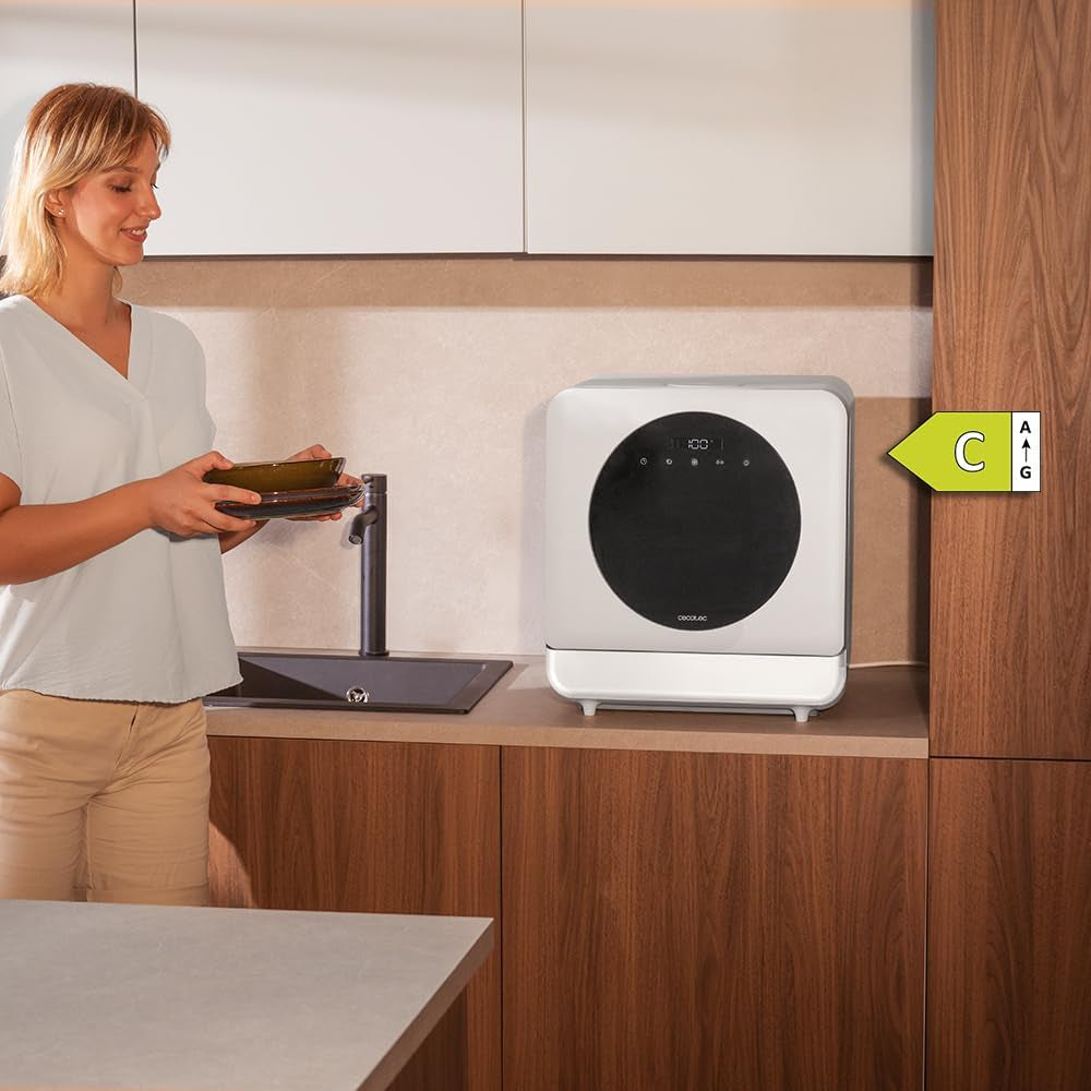 Cecotec Lavavajillas Compacto Libre Instalación Sobremesa Bolero Aguazero 1100. 3 Cubiertos, Bajo Consumo, 6 Programas, Touch Control Panel, Funciones Como Long Storage Y Delay Start, Blanco
