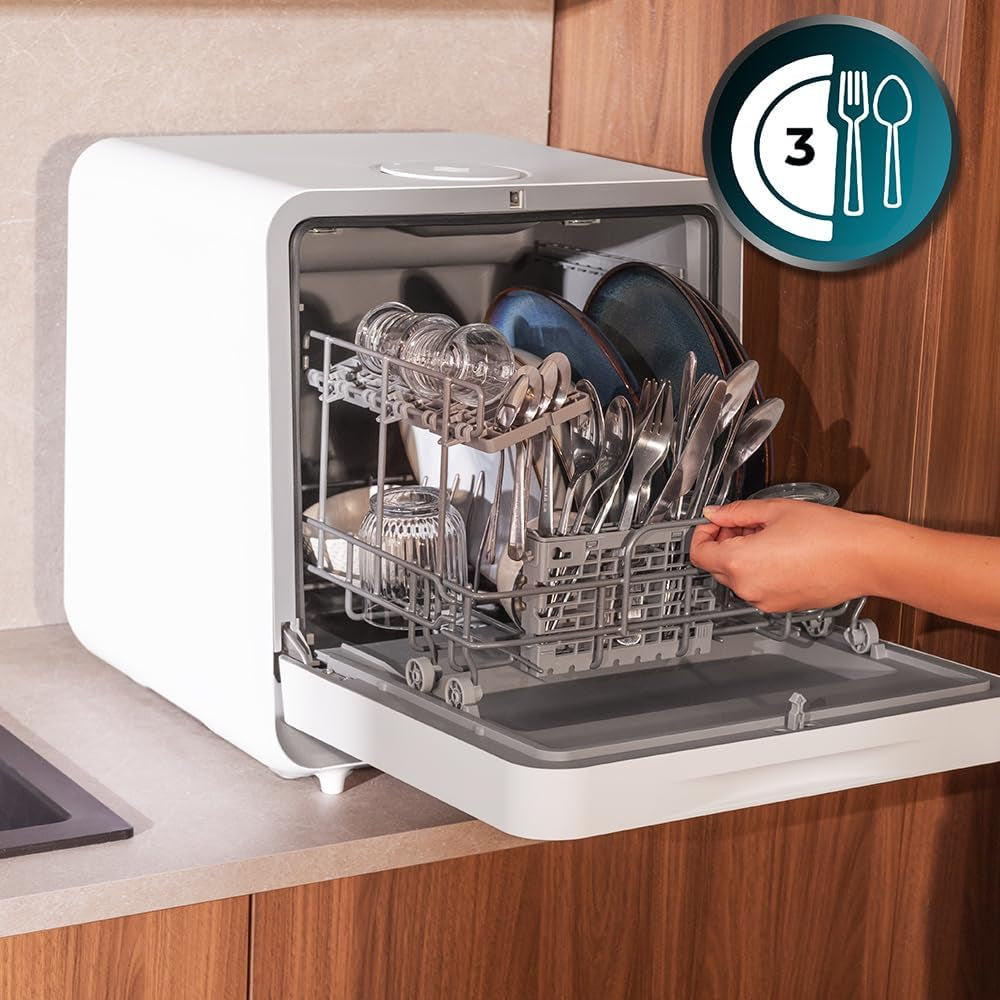 Cecotec Lavavajillas Compacto Libre Instalación Sobremesa Bolero Aguazero 1100. 3 Cubiertos, Bajo Consumo, 6 Programas, Touch Control Panel, Funciones Como Long Storage Y Delay Start, Blanco