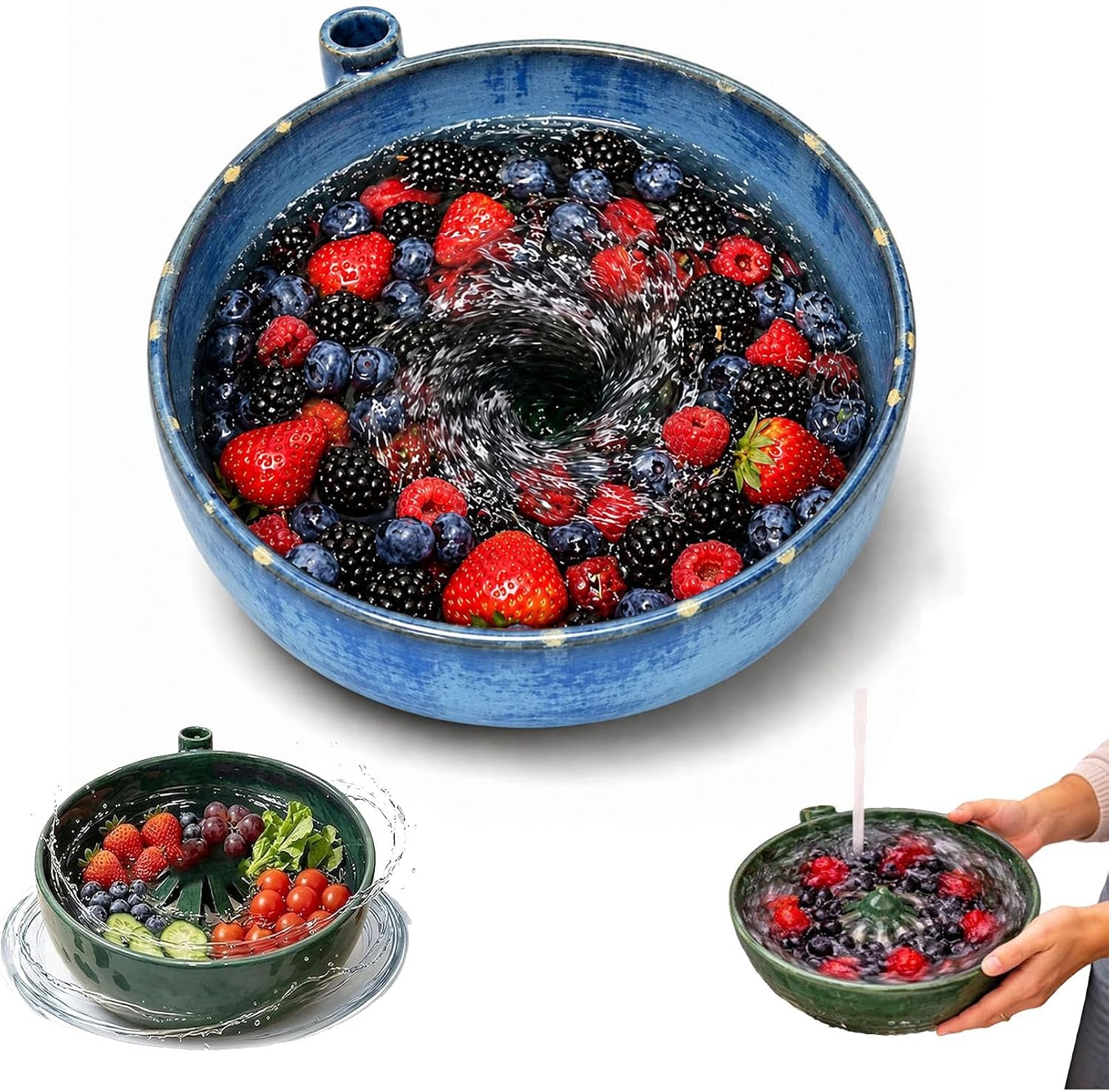 Self Spinning Berry Bowl with Drain Holes, Berry Washing Bowl and Fruit Washer Colander for Strawberries, Blueberries, Grapes, Cherry Tomatoes and Small Produce (White)